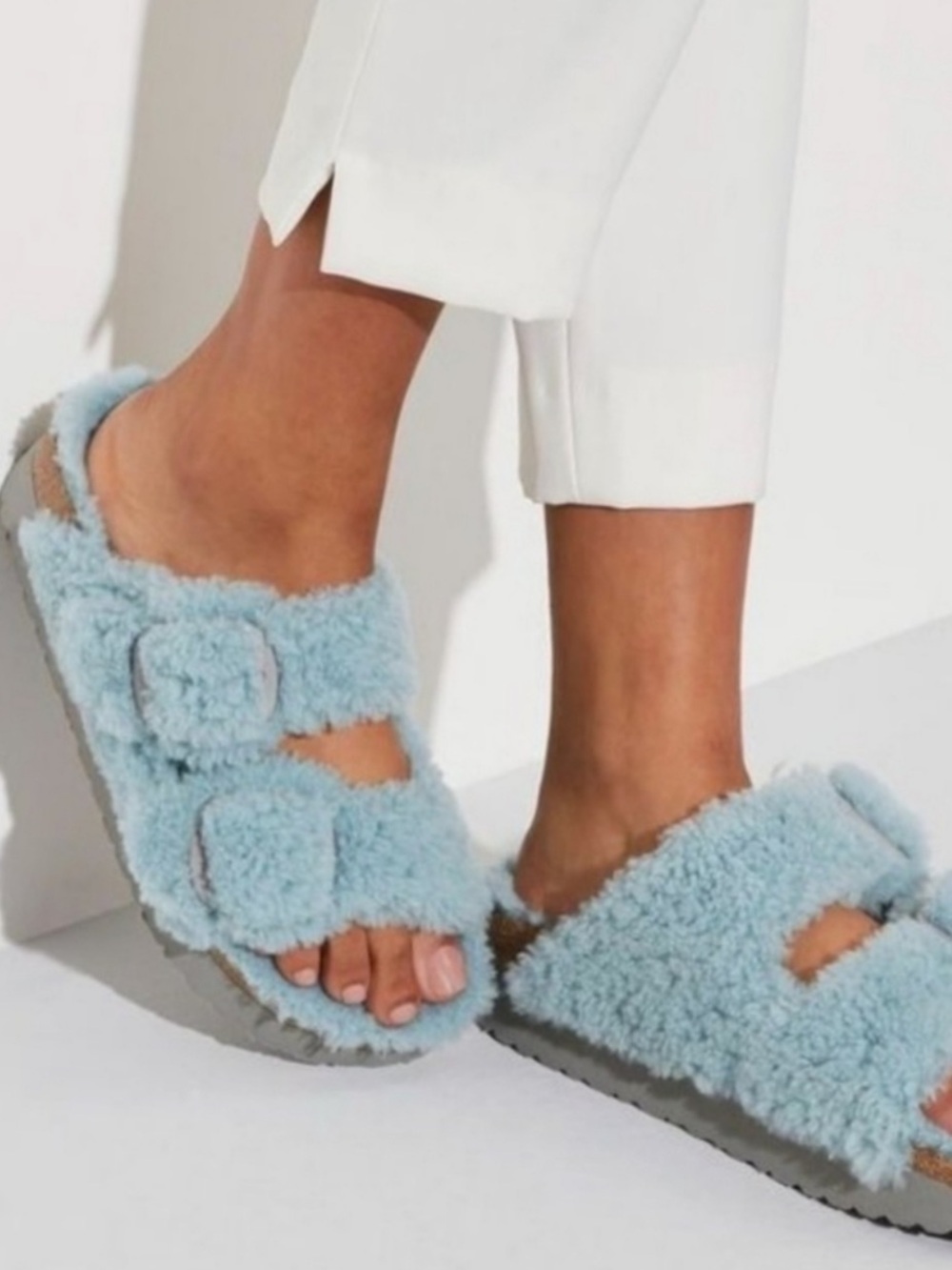 Birkenstock Papillio Arizona Light Blue Shearling Big-Buckle Slide Mules